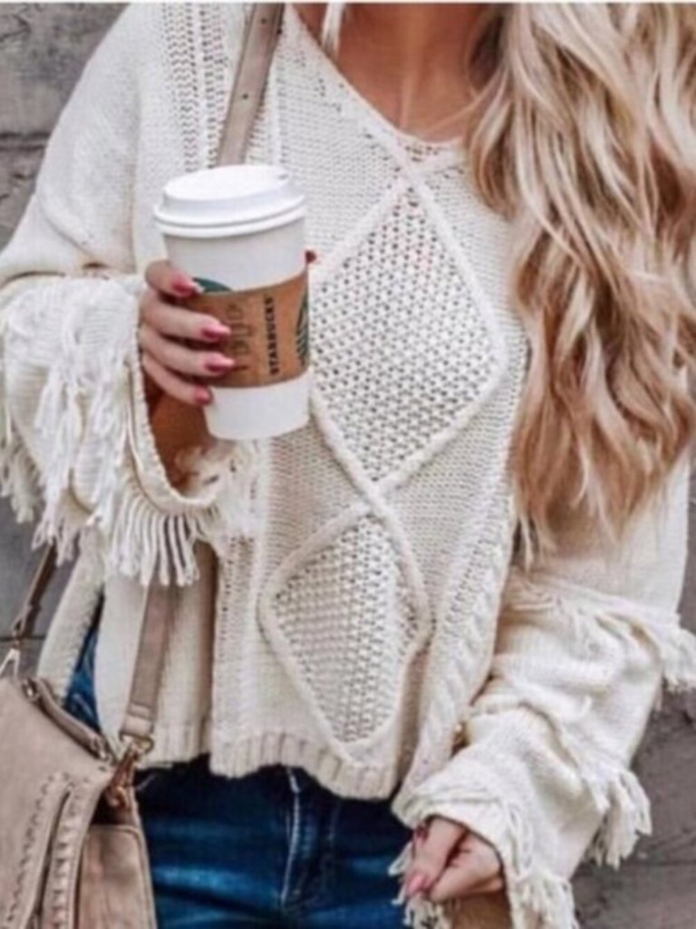 Cream Boho Fringe V-Neck Knit Sweater Poncho Cape